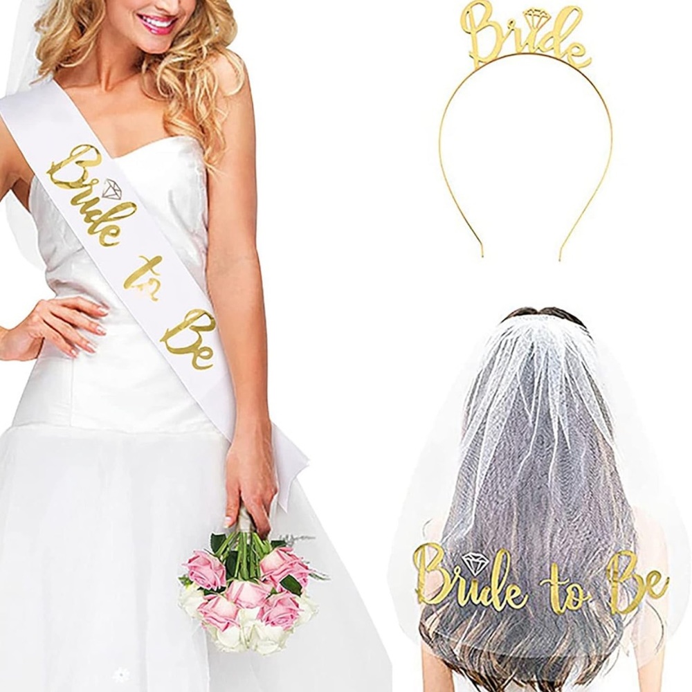 Bride to Be Set, 3pack Bride to Be Sash & Headband Tiara & Shoulder Length Veil